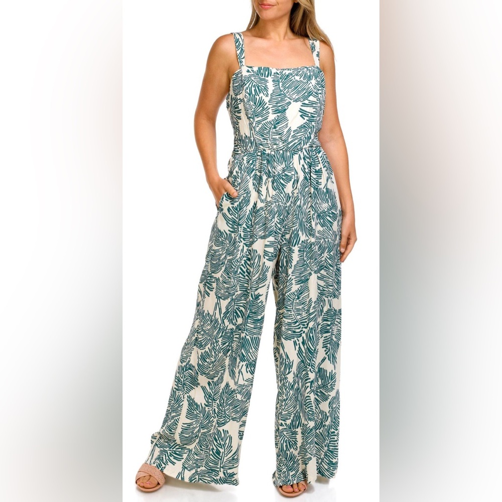 Leaf Print Jumpsuit in Green and White